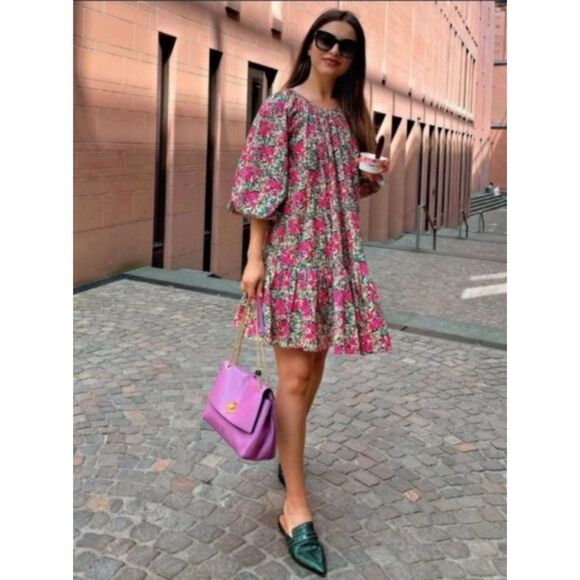 Zara Floral Puff Sleeve Mini Dress Pink Size L / Pristine - Picture 2 of 9